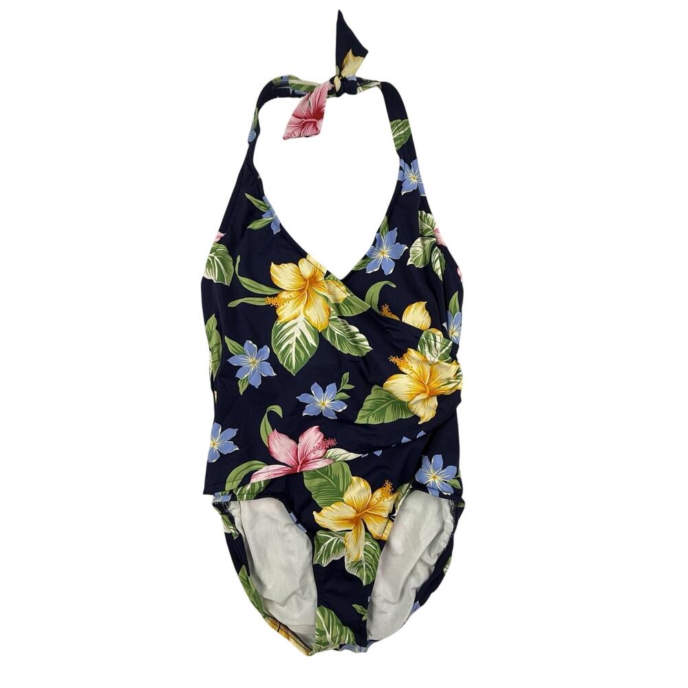 Jantzen Swimsuit 14 Blue Multicolor Hawaiian Surplice 1 Piece Tummy Control